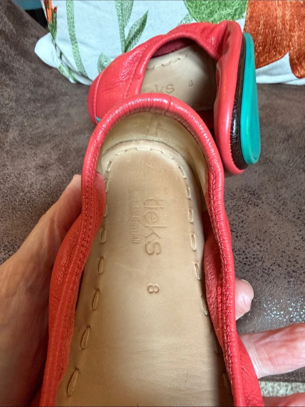 POPPY TIEKS LEATHER BALLET FLATS FOLDABLE VIBRANT RED’ISH ORANGE CORAL SZ 8 EUC
